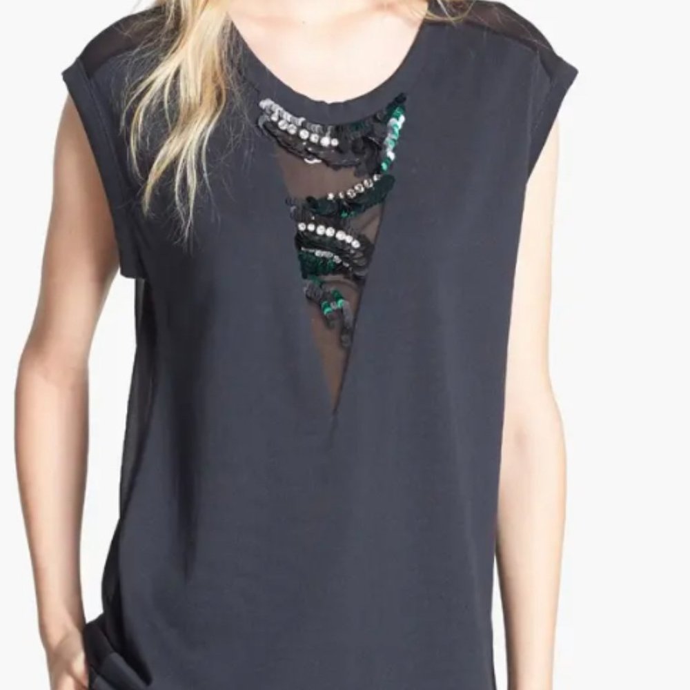 NWT 3.1 Philip Lim embellished muscle tee w/ sheer back & insets in soft black